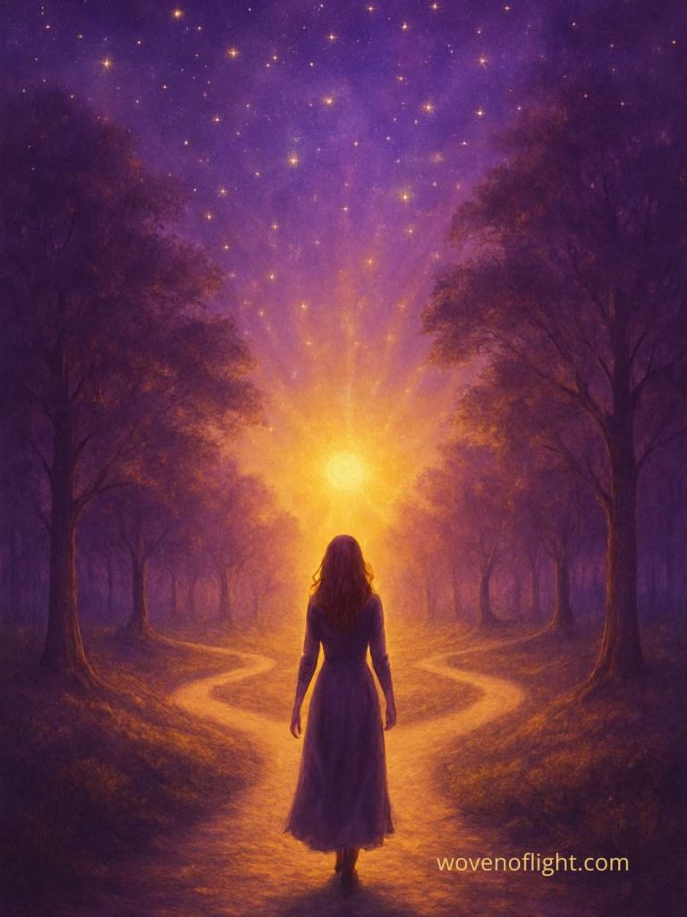 A mystical digital painting of a woman with long red hair walking toward radiant light along a forest path. Multiple trails branch ahead beneath a violet and golden sky, evoking spiritual journey and awakening.