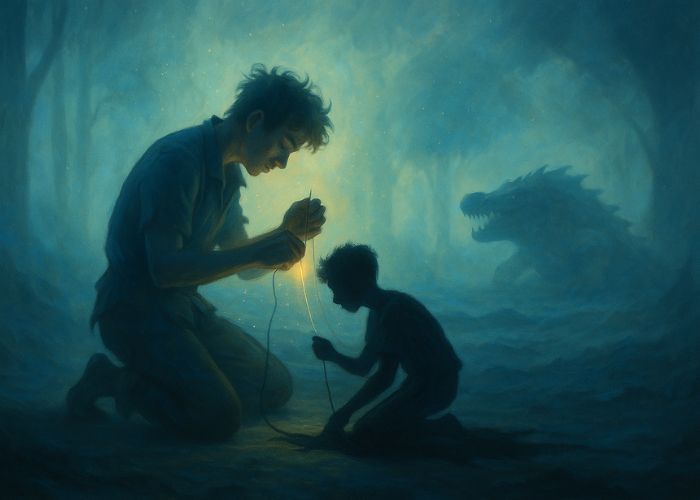 A young, ethereal figure in moonlight sewing a translucent shadow back onto their form, with a soft, dreamlike forest in the background and a distant, misty silhouette of a crocodile watching from afar.