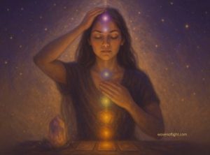 A young women sits with hand onn crown and one on heart with chakras fully iluminated in a journey of healing.
