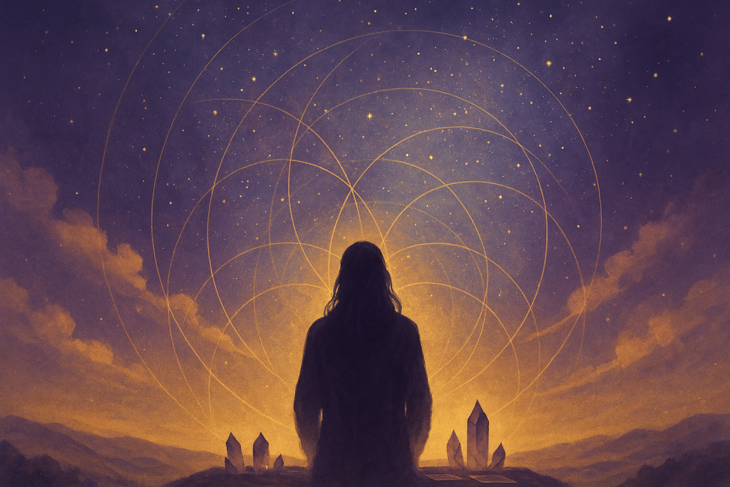 The shadow of a woman walks towards a magical crystaline grid in geometric shapes before here. The path she walks is lined with Amethyst crystals