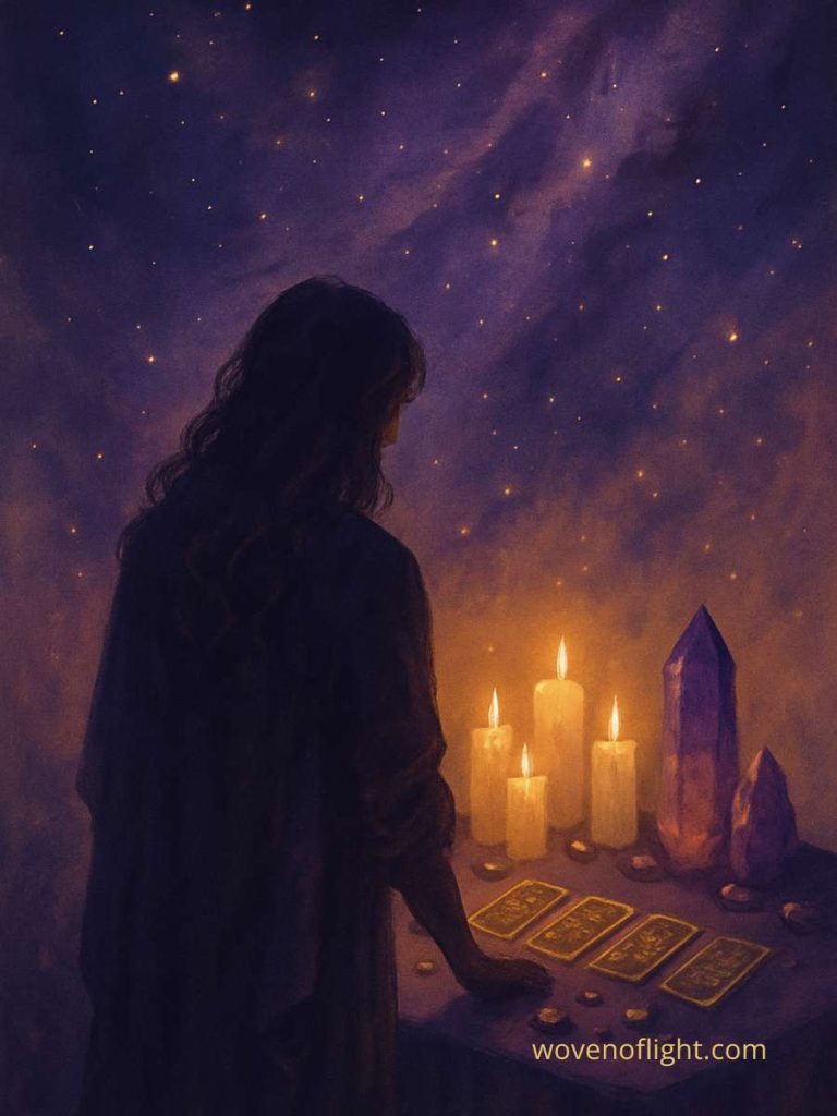 Sacred Tools & Practices Cloaked figure standing before a candlelit altar adorned with crystals and tarot cards, under a celestial sky, evoking mystical ritual and spiritual embodiment.