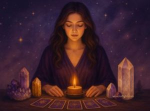 A beautiful dark haired woman is standing before a candlelit altar with crystals and tarot cards demonstrating the tools sometimes used in spiritual connections, magic.