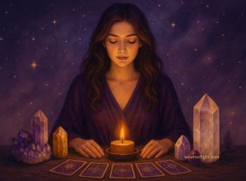 A beautiful dark haired woman is standing before a candlelit altar with crystals and tarot cards demonstrating the tools sometimes used in spiritual connections, magic.