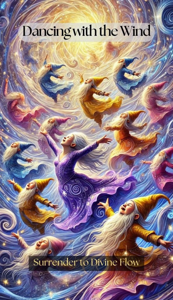 Dancing with the Wind โ Sacred Gnome Wisdom Oracle Gnomes in colorful robes joyfully swirl through a radiant vortex of wind and light, arms open in ecstatic movement beneath a glowing sky.