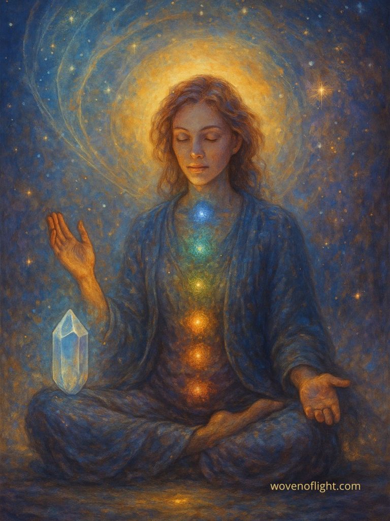 Symbolic artwork of spiritual healing pathways, including light flow, body energy fields, and cosmic resonance
