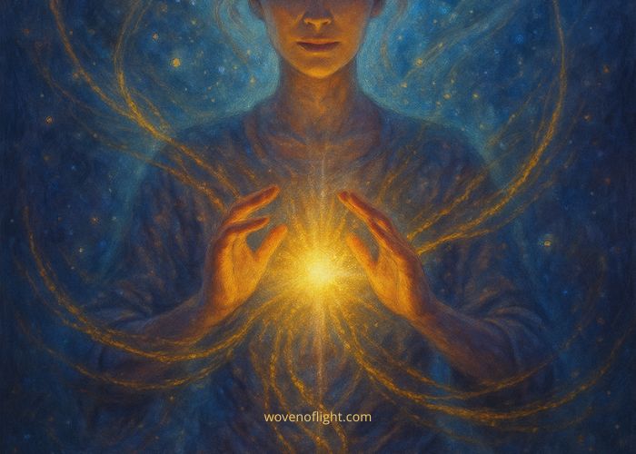 Ethereal hands channeling golden healing light into an energy field