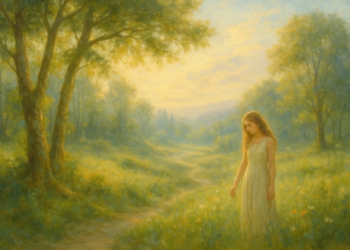 Impressionistic painting of a serene young woman standing in a sunlit forest meadow, surrounded by wildflowers and golden light — capturing the gentle return to grounding and embodiment.