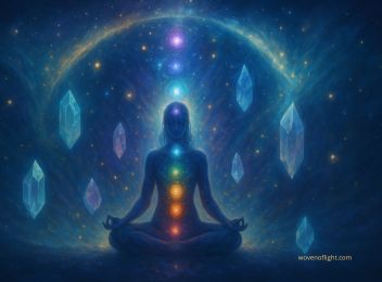 Meditative figure in celestial light with activated chakras and glowing crystals, in a wide landscape composition