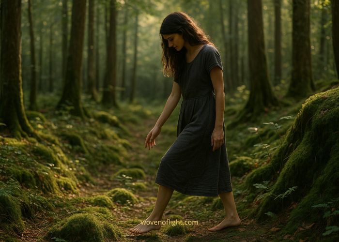 Barefoot woman walking through a mossy forest, gently touching the earth with soft light filtering through trees — symbolizing sacred integration and inner stillness.