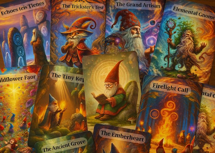 A spread of illustrated fantasy oracle cards from the Sacred Gnome Wisdom deck, featuring gnomes, nature spirits, and magical realms