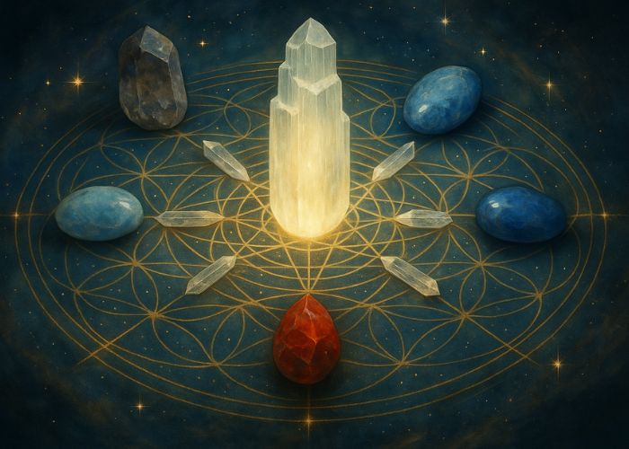 Intricate crystal grid artwork in celestial colors with luminous light and sacred geometry