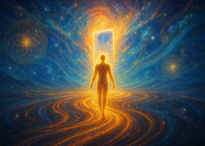 A glowing human figure walking a golden energy path toward a radiant doorway in a cosmic landscape, symbolizing spiritual ascension and timeline shifts.