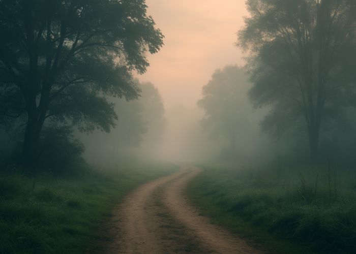 A winding dirt path disappears into a misty forest at sunrise, symbolizing memory loss, healing, and spiritual transformation.