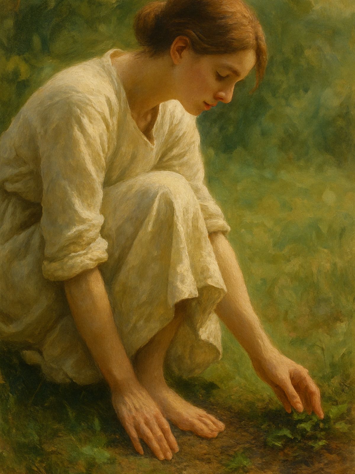 Oil painting of a serene young woman in a natural setting, seated with bare feet and hands gently touching the earth — symbolizing grounding, presence, and deep connection to nature.
