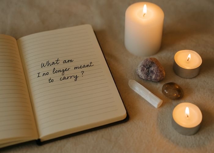 An open journal with the prompt “What am I no longer meant to carry?” beside lit candles and healing crystals including selenite, lepidolite, and smoky quartz on a soft fabric surface.