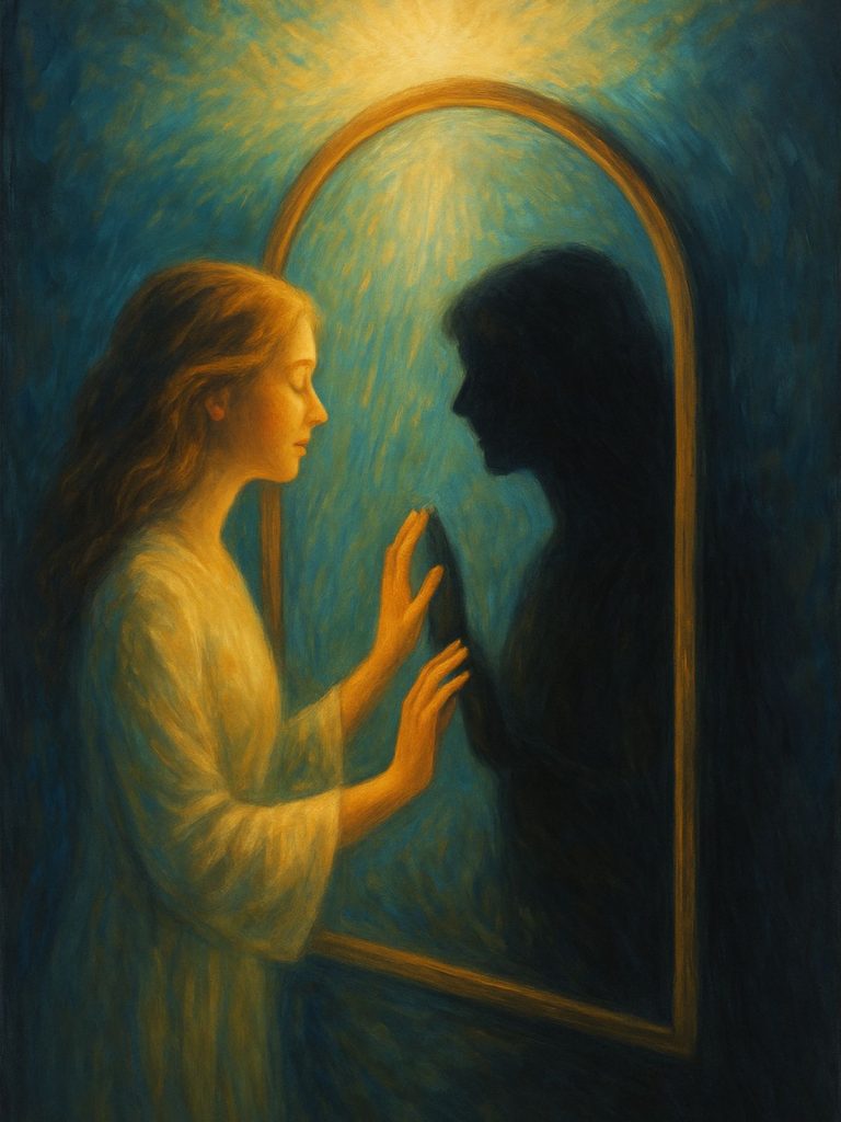 Spiritual Shadow Work – Union of Light and Self A spiritual figure gazes into a mirror, gently reaching toward their shadow reflection. Light beams cascade above the mirror, symbolizing inner healing and the union of shadow and self.