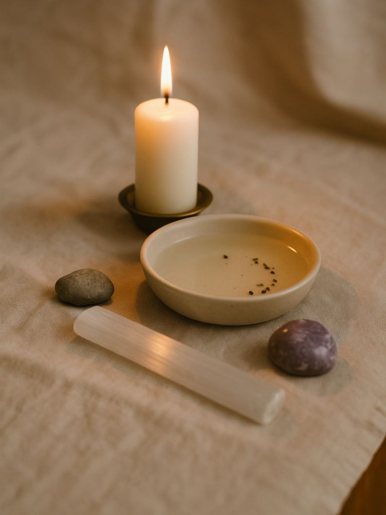 A small altar setup with a white candle, a bowl of water, a selenite wand, lepidolite stone, and a natural pebble, arranged on soft beige fabric for a healing ritual.