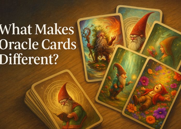 A spread of vibrant oracle cards set in a luminous natural setting, emphasizing their symbolic and diverse design in a magical fantasy art style