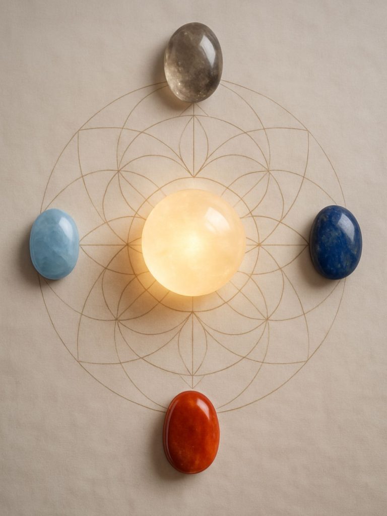Crystal grid with five elemental stones arranged in cardinal directions around a central selenite stone