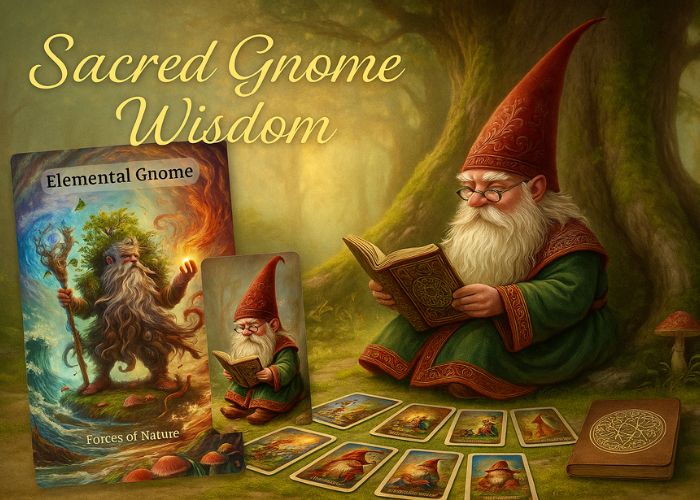 A promotional fantasy artwork showing the Sacred Gnome Wisdom oracle deck with illustrated cards spread in a mystical forest setting