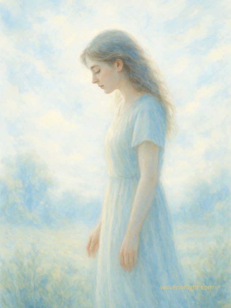 The Body Knows: A Real Guide to Integration — The Quiet That Gathers Light Softly lit painting of a young woman in a pale dress standing in a dreamlike landscape, eyes closed in peaceful reflection — symbolizing the gentle, celestial unfolding of spiritual integration.