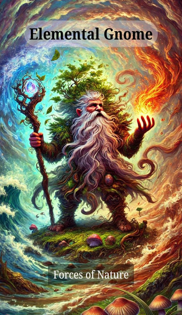 A towering gnome composed of earth, roots, and bark stands at the center of elemental forces — fire in one hand, water swirling at his feet, and leaves rising into the wind.