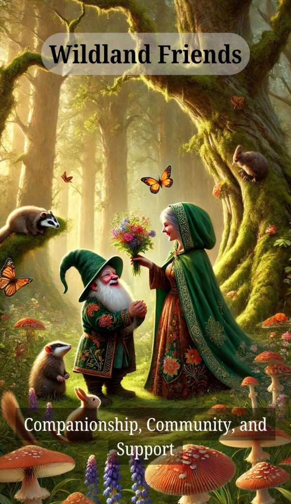 A joyful pair of gnomes exchange a bouquet in a forest glade, surrounded by butterflies, mushrooms, and woodland animals like rabbits and badgers.