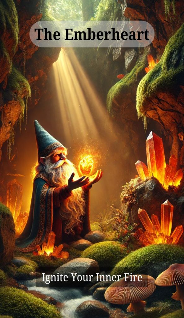 A wise gnome cloaked in deep forest green holds a glowing ember-heart aloft in a cave of radiant orange crystals, lit by a shaft of golden sunlight.