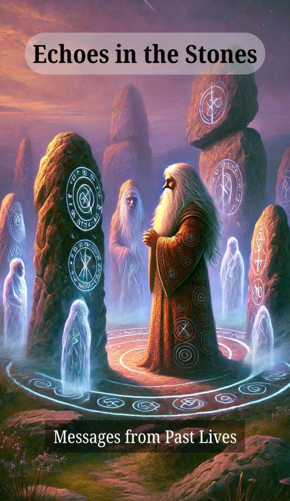 A gnome elder stands in reverence within a stone circle etched with glowing runes, surrounded by translucent spirit figures rising from the earth.