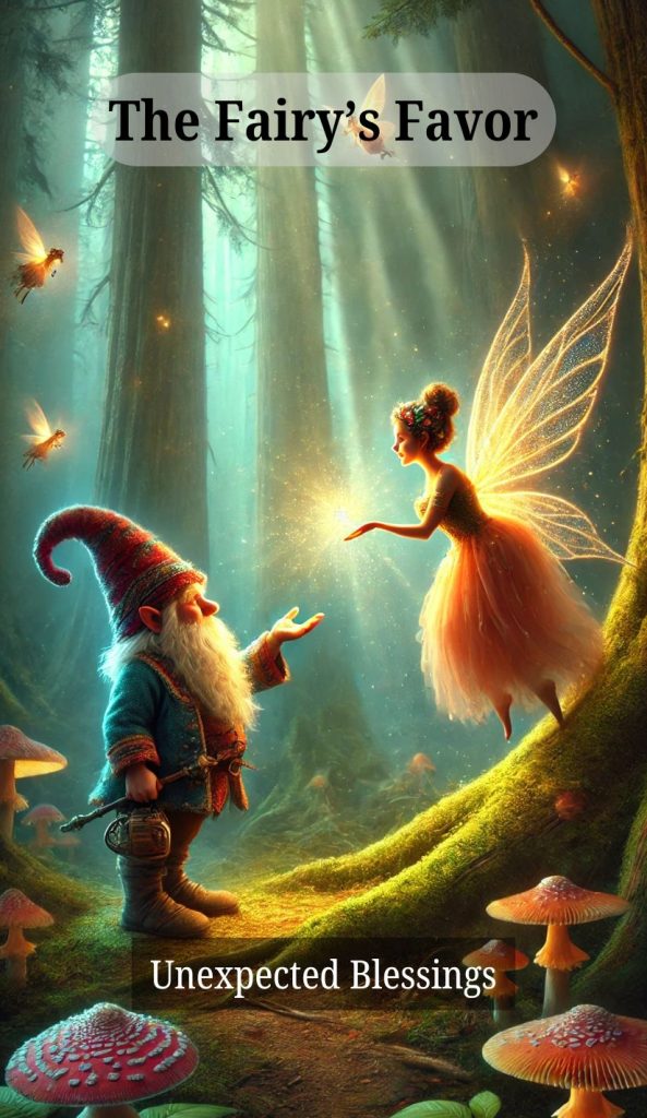 A fairy of glowing golden wings gently offers a sparkling gift to a surprised gnome in a sunlit forest glade, surrounded by mushrooms and soft beams of light.