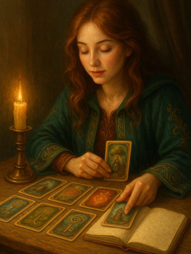 Oracle Card Ritual with Journal โ Intuitive Soul Reflection Artwork A fantasy-style painting of a woman sitting at a wooden table with oracle cards laid out and a journal open, bathed in warm morning light