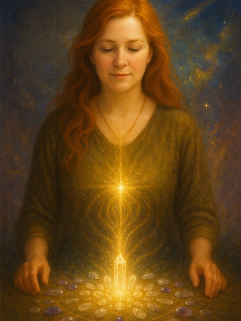 A serene red-haired woman stands before a radiant crystal grid emitting golden light from its center, symbolizing spiritual awakening and timeline shift activation.