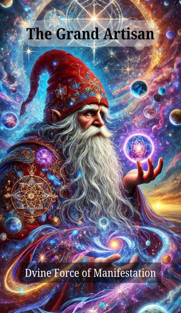 The Grand Artisan โ Sacred Gnome Wisdom Oracle A majestic gnome in elaborate star-embroidered robes gazes into the cosmos, cradling a radiant orb of creation as galaxies spiral through his beard and cloak.