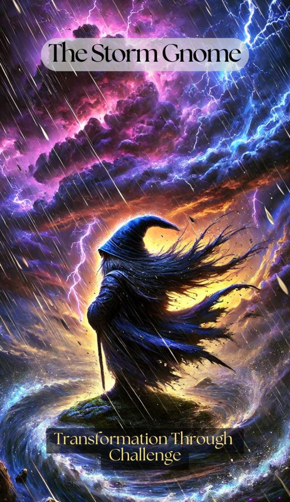 The Storm Gnome โ Sacred Gnome Wisdom Oracle A hooded gnome cloaked in midnight robes stands defiant at the eye of a tempest, wind and lightning spiraling around a glowing horizon of electric purple and gold.