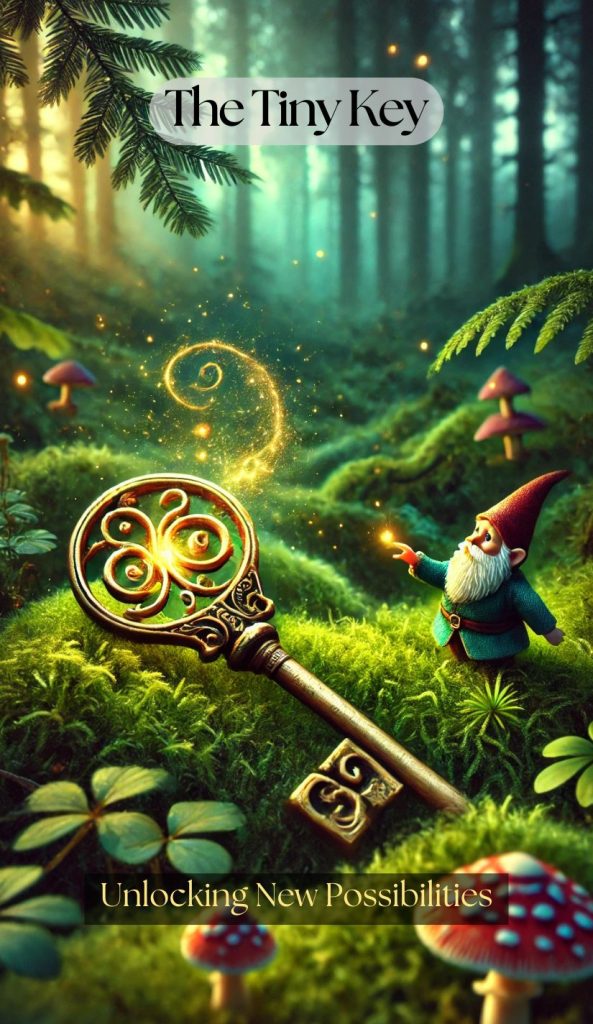 The Tiny Key โ Sacred Gnome Wisdom Oracle A golden key adorned with glowing spirals lies in soft moss, as a small gnome reaches toward it with a spark of wonder. A glowing trail of magic swirls above the key, beckoning deeper exploration.