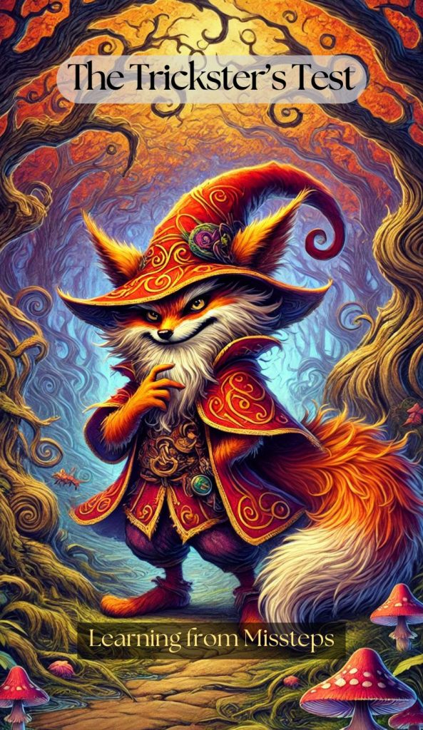 The Tricksterโs Test โ Sacred Gnome Wisdom Oracle A fox-like trickster in a vivid red hat and coat grins mischievously, standing on a winding forest path with curling trees and glowing mushrooms. His eyes sparkle with cleverness and challenge.