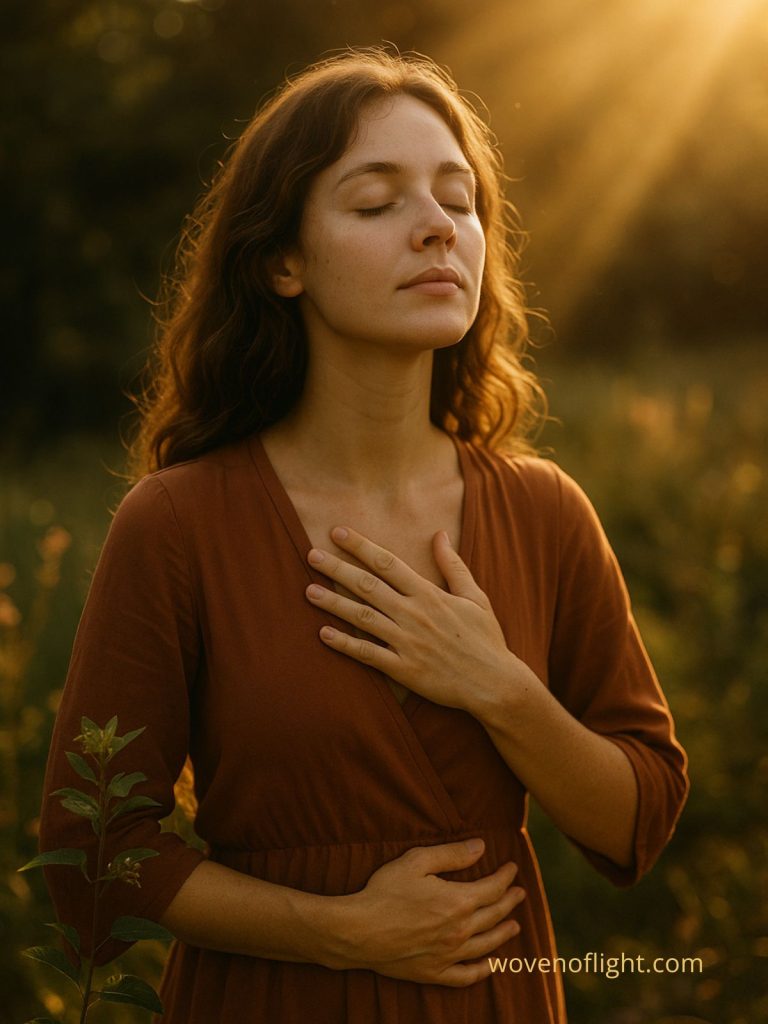 A woman standing in soft natural light, embodying spiritual presence, divine connection, and the beauty of everyday grace.