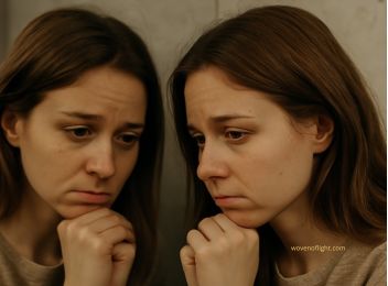 A reflective young woman looking into a mirror with soft lighting, evoking themes of self-love, vulnerability, and spiritual questioning.