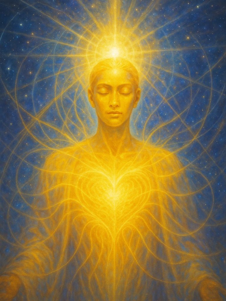 A luminous golden figure with serene closed eyes radiates light from the heart and crown chakras, surrounded by cosmic stars and flowing patterns of energy, symbolizing the shift from 3D to 5D consciousness.