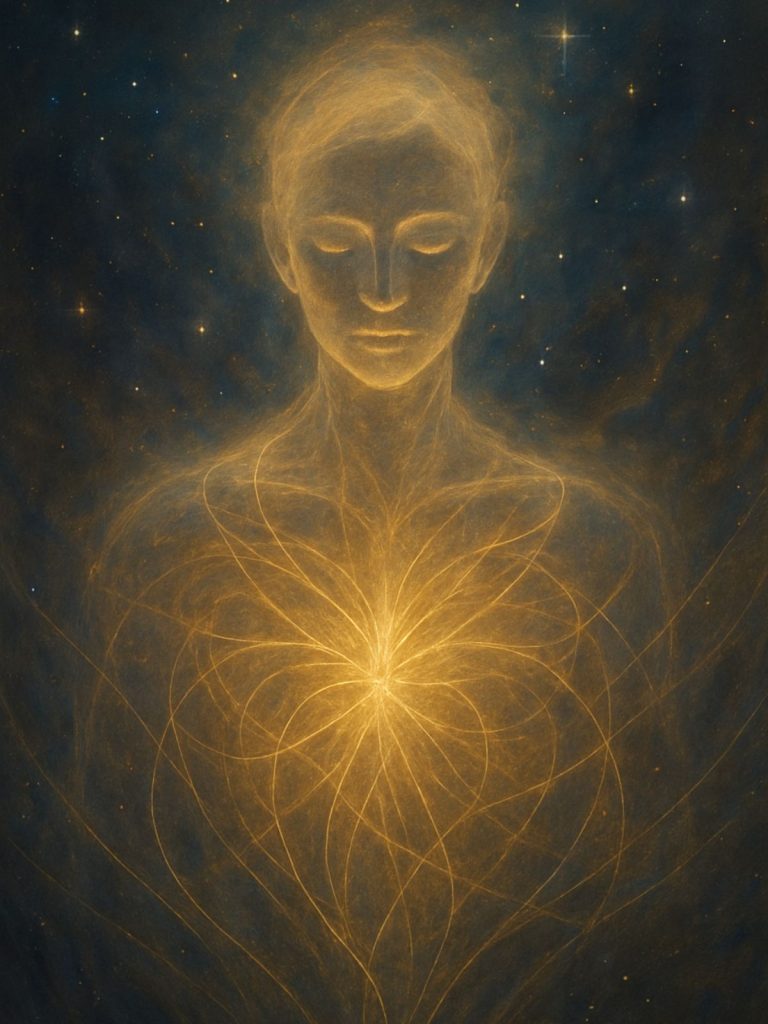 Portrait digital painting of a glowing golden figure radiating light from the heart, surrounded by a star-filled cosmic background.