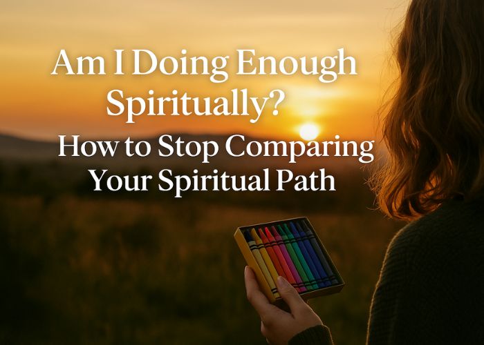 A woman holding a box of colorful crayons looks out over a golden sunset landscape with the words “Am I Doing Enough Spiritually? How to Stop Comparing Your Spiritual Path.” Symbolizing individuality and trusting your unique spiritual journey.