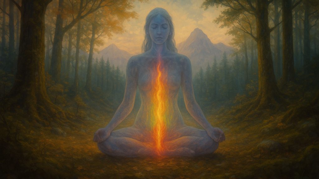 A translucent woman sits cross-legged in a forest clearing with mountains in the background, a multicolored flame rising through her body from root to crown, symbolizing the inner spark and divine energy within.