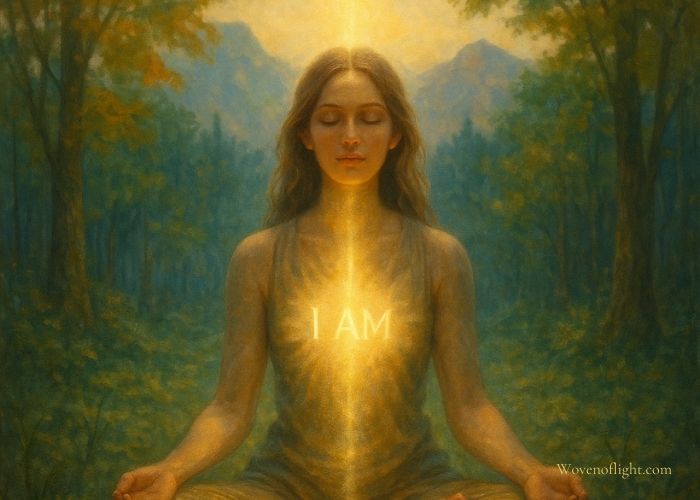 A woman sits in meditation in a forest, a golden light rising through her body, radiating divine presence and the essence of “I Am.”