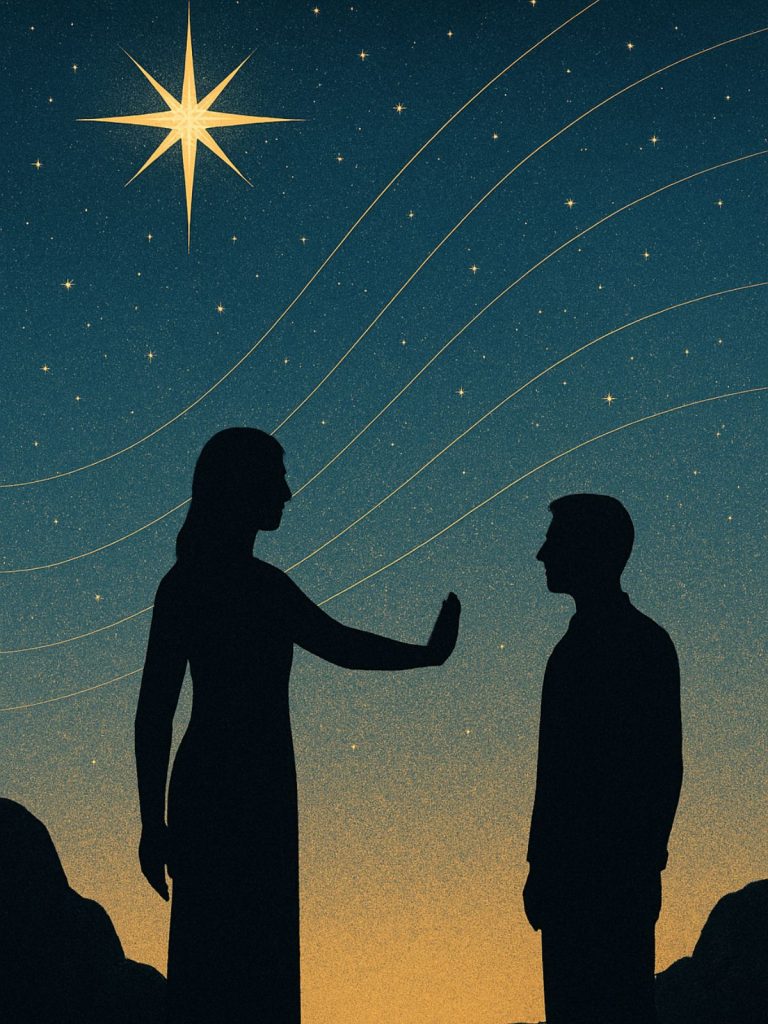 celestial boundary sacred space and self honoring Silhouettes of two figures beneath a starry celestial sky, one with an outstretched hand in a gesture of boundary, symbolizing spiritual clarity, sovereignty, and self-respect.