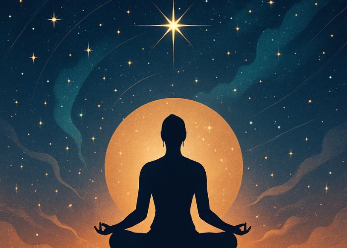 Silhouette of a meditating figure beneath a star-filled night sky with a glowing orb and radiant energy lines, symbolizing inner peace and authentic spiritual power.