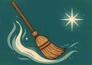 Illustration of a wooden broom sweeping glowing white and teal energy swirls, with a bright eight-point star on a teal background, symbolizing spiritual cleansing and energy hygiene.