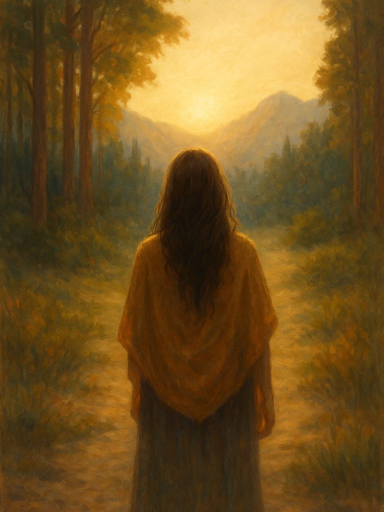 A woman stands on a sunlit forest path facing distant mountains, bathed in golden light, symbolizing the journey of returning home to the I Am presence.