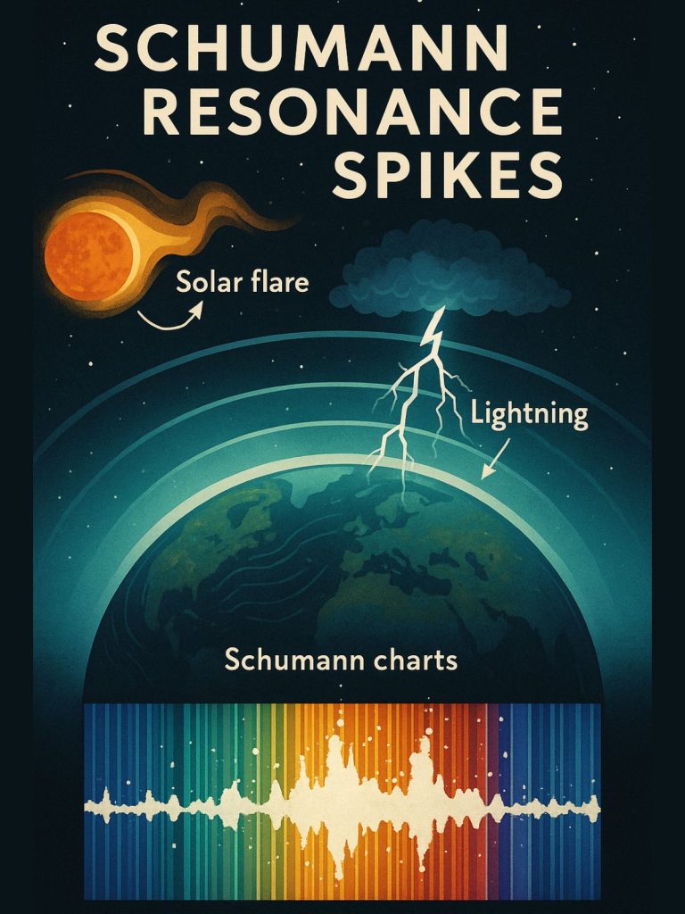 schumann resonance spikes – causes and visual patterns Illustration showing causes of Schumann Resonance spikes, including a solar flare, lightning strike, and atmospheric layers over Earth, with a colorful Schumann chart showing spike patterns.