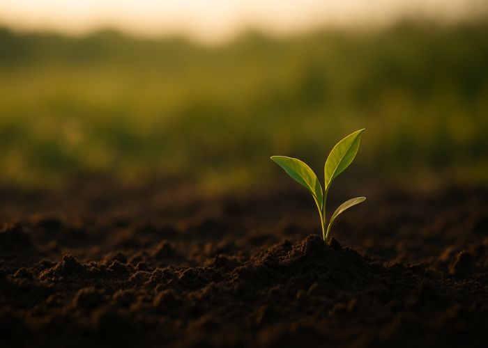 Close-up of a young green plant emerging from dark, rich soil, bathed in warm golden sunlight with a blurred grassy background.