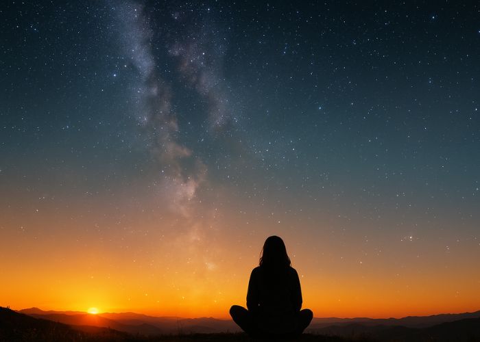 Silhouette of a person sitting cross-legged on a hill at sunset, gazing at the Milky Way stretching across a star-filled sky